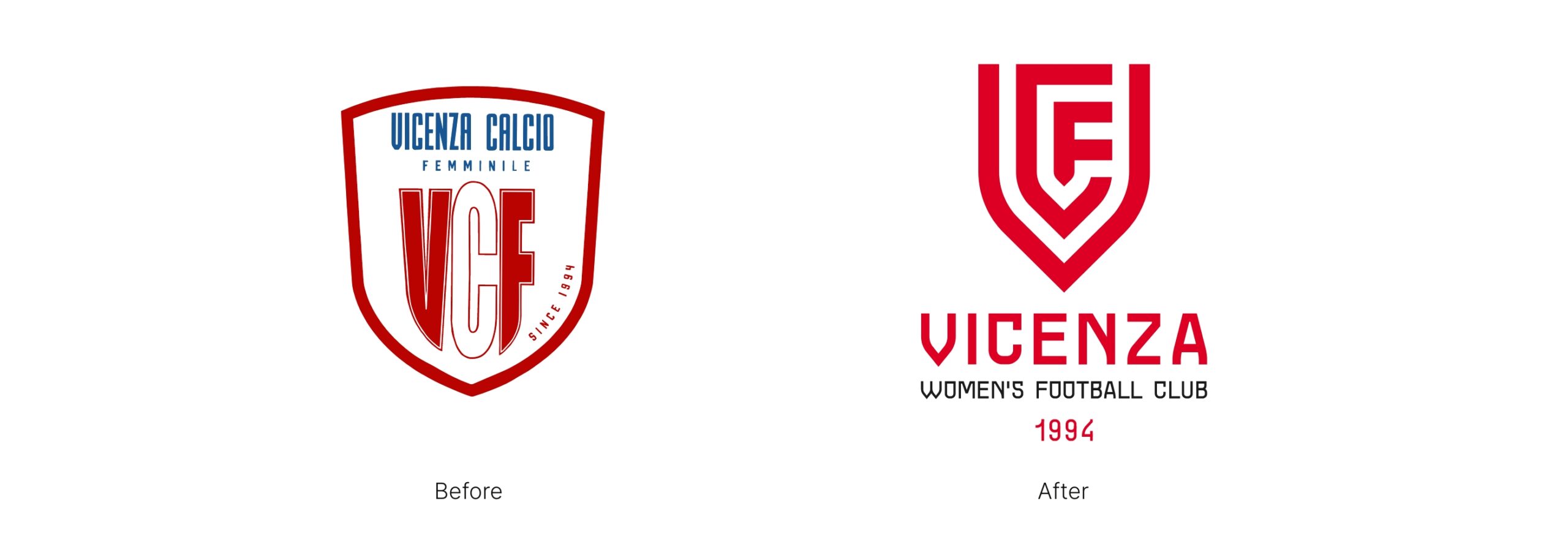 Due loghi affiancati: a sinistra lo stemma storico del Vicenza Calcio femminile, a destra il nuovo logo moderno del Vicenza Women Football Club.