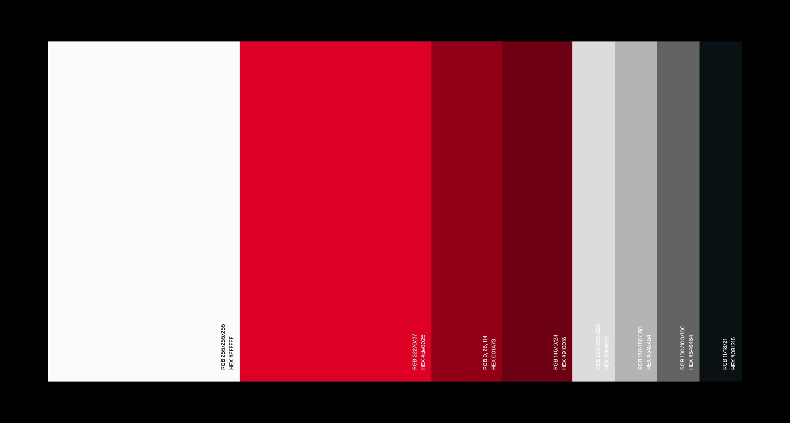 Strisce verticali di colori ufficiali del brand: bianco, rosso, bordeaux, grigio chiaro, grigio medio, grigio scuro e nero.